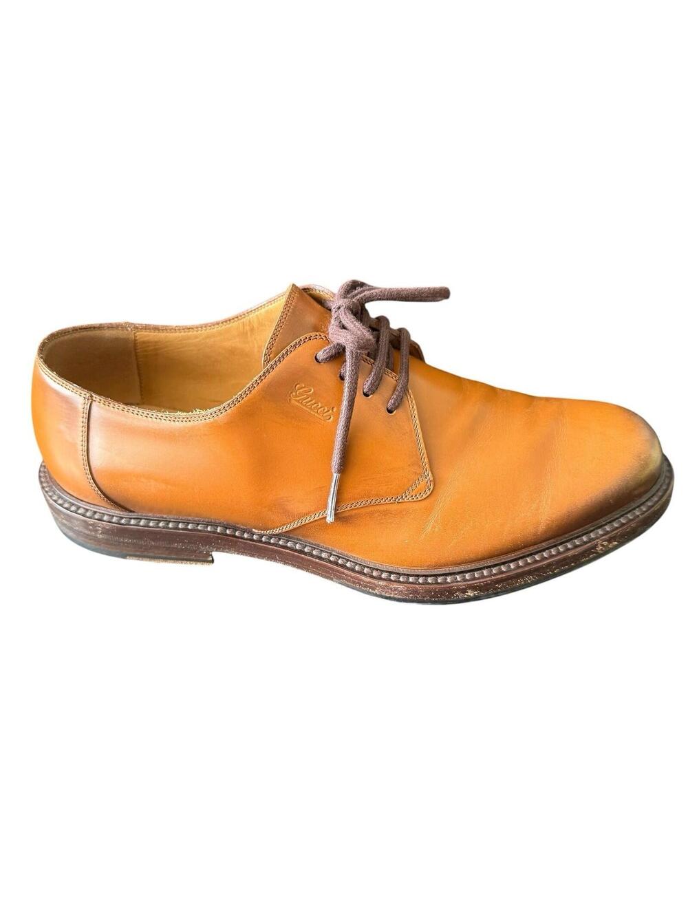 Designer Gucci Men's Burnished Tan Calfskin Leather Plain-Toe Derby Shoes 8 BOX+ - Picture 9 of 9